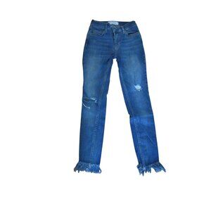 Free People Blue Wash Skinny Distressed Jeans w Raw Hem Size 24